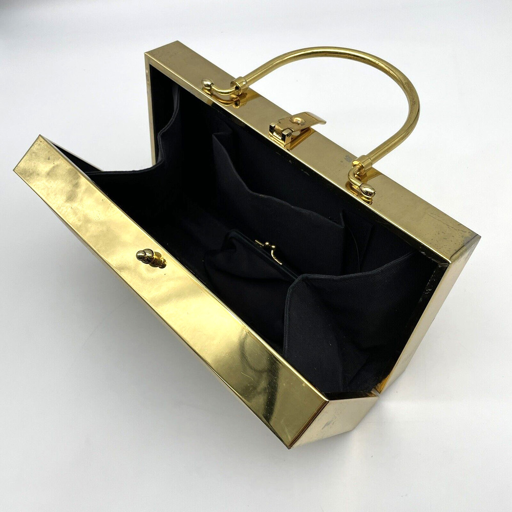Vtg 70s Lou Taylor Miami Gold On Gold Art Deco Padded Frame Box Handbag Purse - Picture 11 of 12